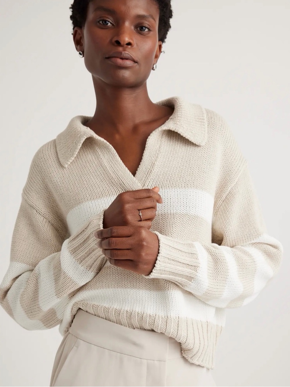 Quince Striped Organic Cotton Polo Sweater Cropped Knit Taupe Cream Sz S
